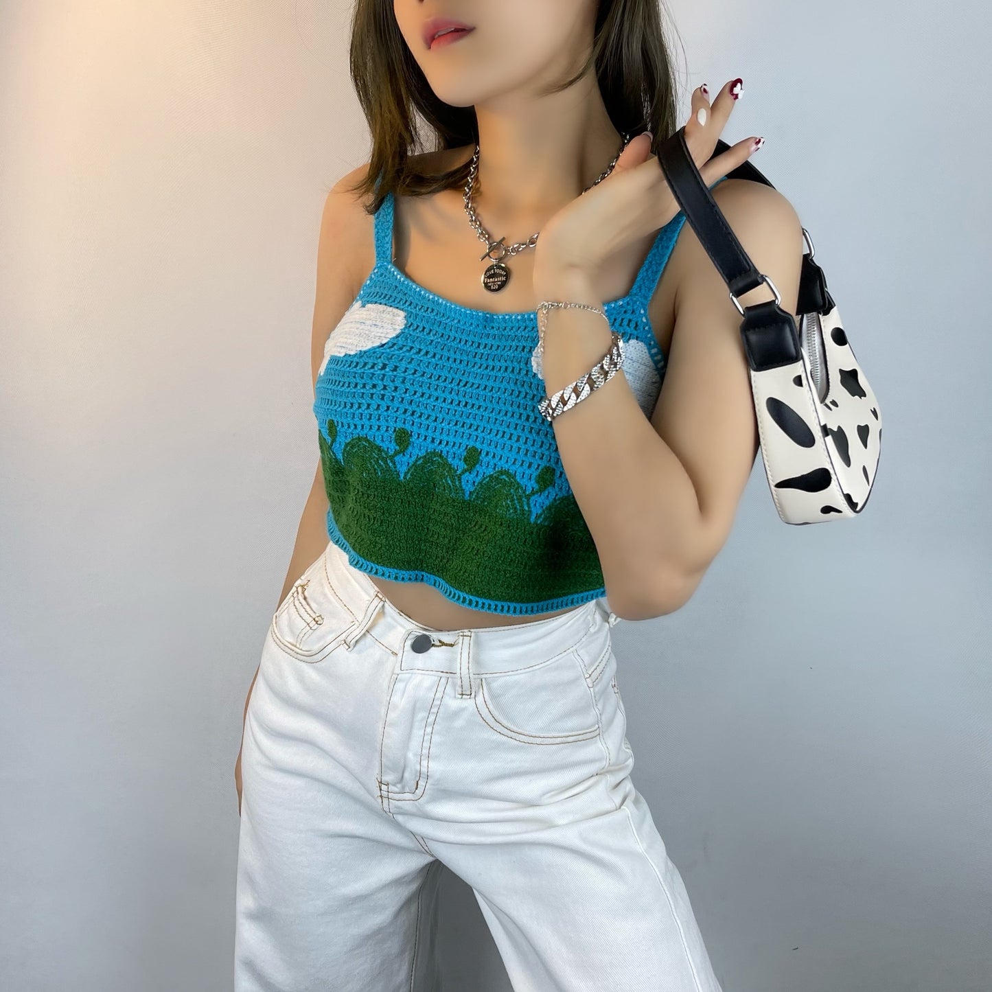 Sky Blue Cute Cloud Knitting Halter Vest Top