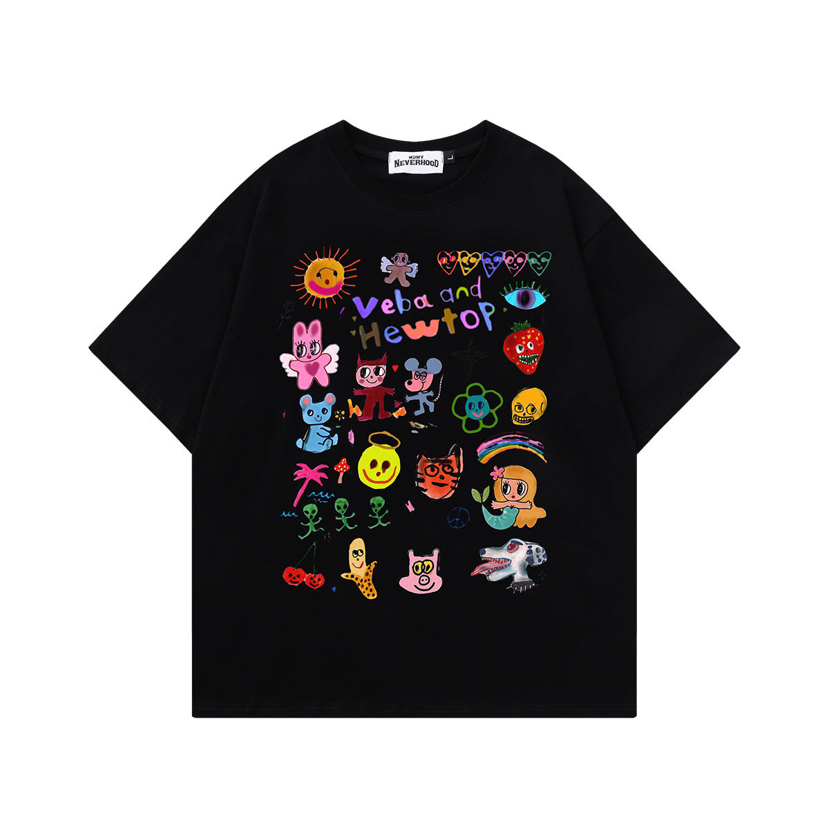 Fun Oil Painting Style Cartoon Printed Short Sleeve T-Shirt Simple Casual Loose Top Summer