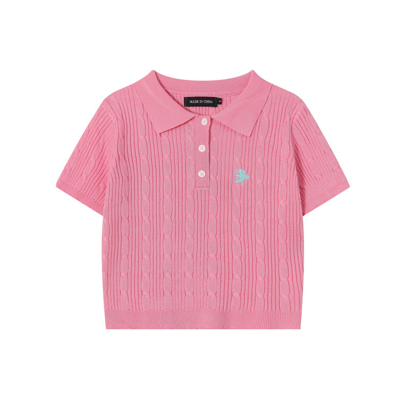 Vintage Spice Twist Knit Short Sleeve T-Shirt Summer Polo Neck Short Bodice Woman