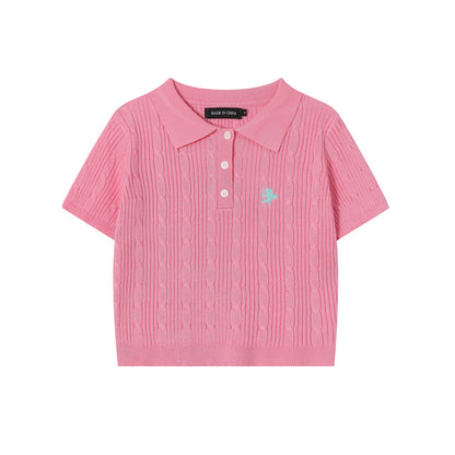 Vintage Spice Twist Knit Short Sleeve T-Shirt Summer Polo Neck Short Bodice Woman