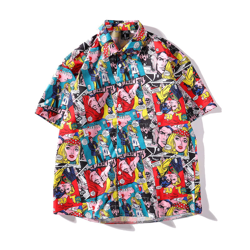 Street Hiphop Full Print Shirt Beach Wind Short Sleeve Top
