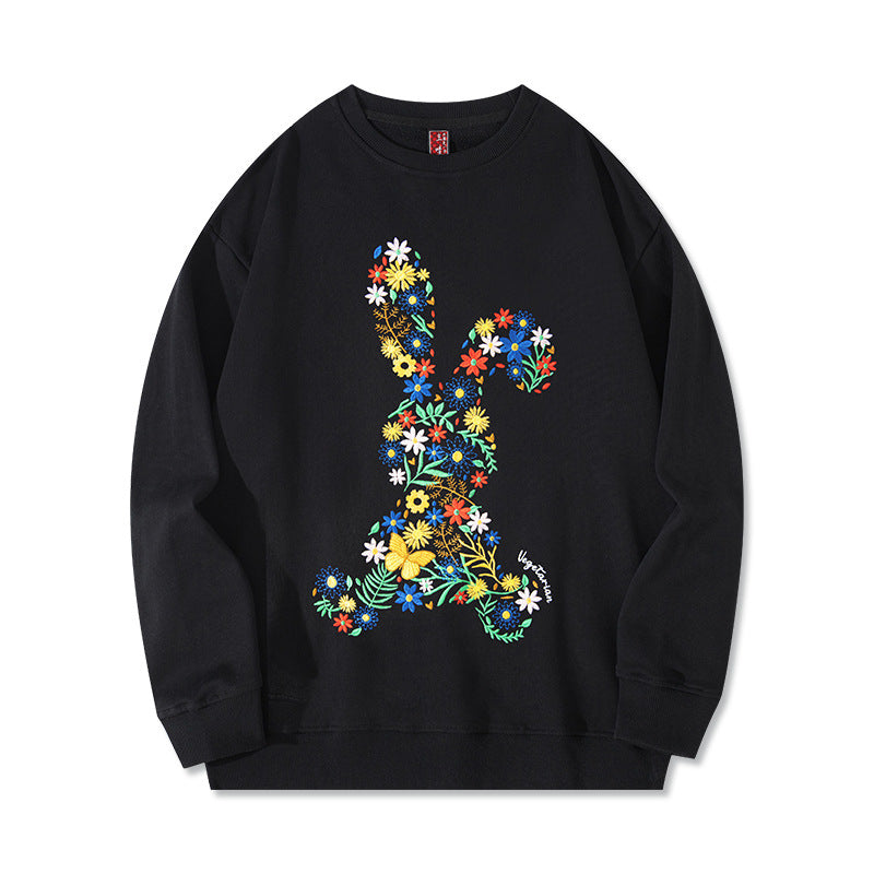 Autumn And Winter Flower Rabbit Embroidery Pure Cotton Round Neck Hoodie