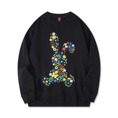 Autumn And Winter Flower Rabbit Embroidery Pure Cotton Round Neck Hoodie