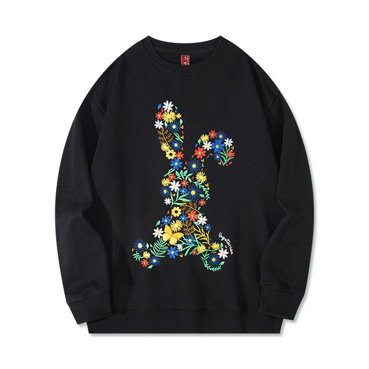 Autumn And Winter Flower Rabbit Embroidery Pure Cotton Round Neck Hoodie