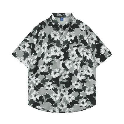 Flower Chiffon Printed Short-Sleeved Shirt For Unisex Lapel Loose Casual Shirt