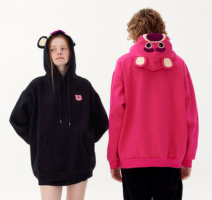 Plum Red Cartoon Bear Pattern Plus Fleece Loose Pullover Hoodie Lovers Autumn And Winter Top Tide