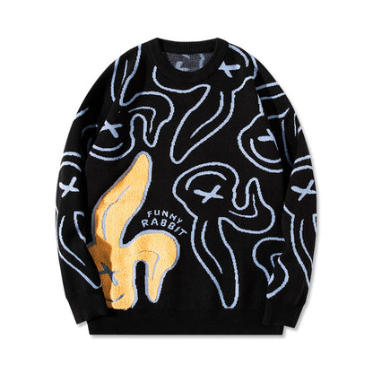 Cartoon Rabbit Embroidered Crewneck Sweater National Fashion Oversized Fit