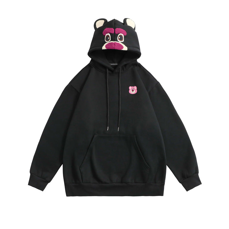 Plum Red Cartoon Bear Pattern Plus Fleece Loose Pullover Hoodie Lovers Autumn And Winter Top Tide