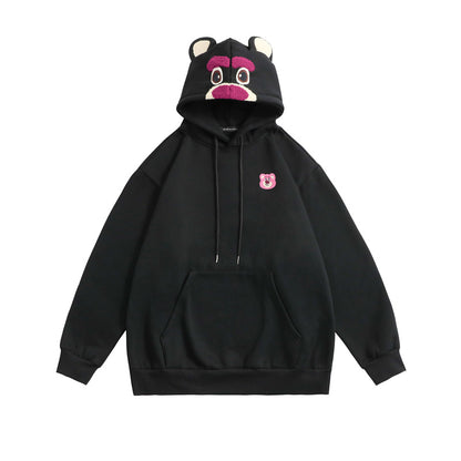 Plum Red Cartoon Bear Pattern Plus Fleece Loose Pullover Hoodie Lovers Autumn And Winter Top Tide