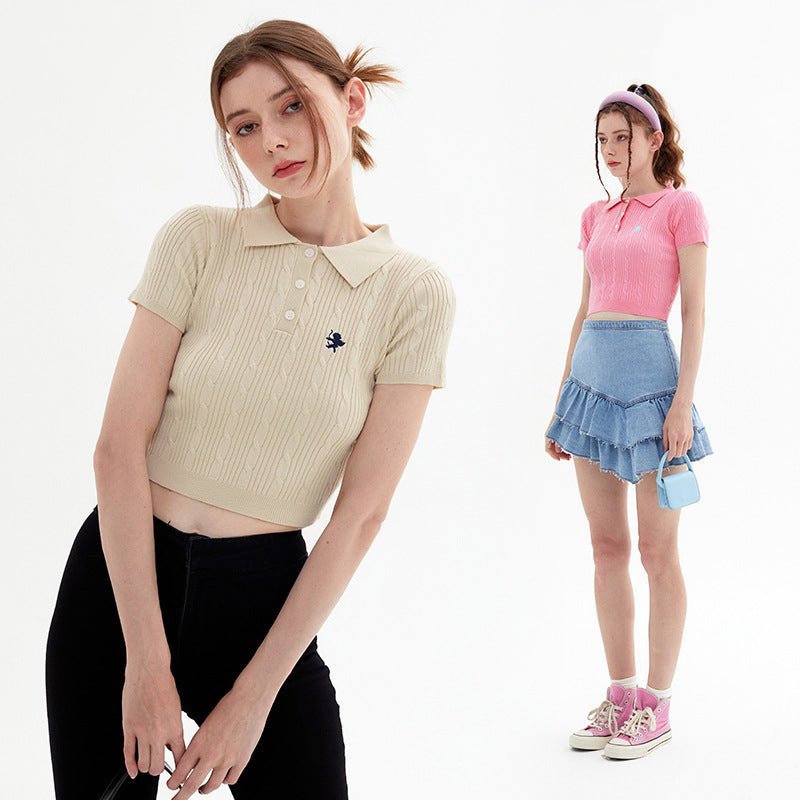 Vintage Spice Twist Knit Short Sleeve T-Shirt Summer Polo Neck Short Bodice Woman