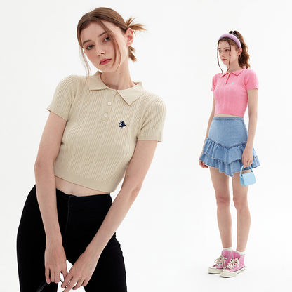 Vintage Spice Twist Knit Short Sleeve T-Shirt Summer Polo Neck Short Bodice Woman