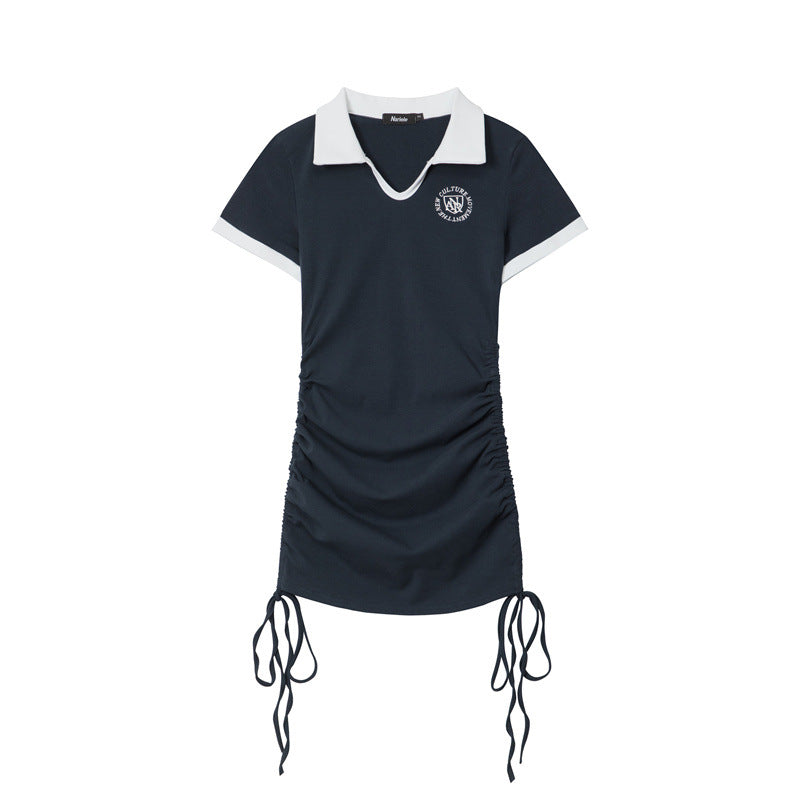 Polo Collar Dress Female Summer Lapel Pure Desire Spice Slim-Fit Wrap Hip Skirt Drawstring Skirt