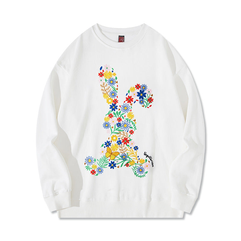Autumn And Winter Flower Rabbit Embroidery Pure Cotton Round Neck Hoodie