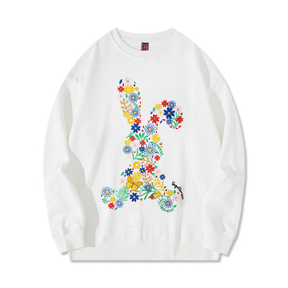 Autumn And Winter Flower Rabbit Embroidery Pure Cotton Round Neck Hoodie