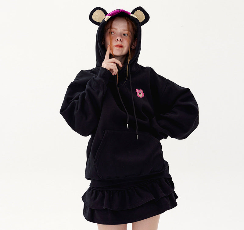 Plum Red Cartoon Bear Pattern Plus Fleece Loose Pullover Hoodie Lovers Autumn And Winter Top Tide