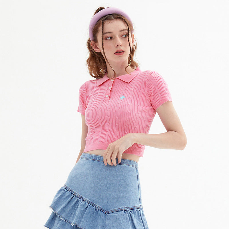 Vintage Spice Twist Knit Short Sleeve T-Shirt Summer Polo Neck Short Bodice Woman