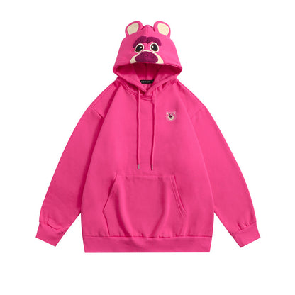 Plum Red Cartoon Bear Pattern Plus Fleece Loose Pullover Hoodie Lovers Autumn And Winter Top Tide