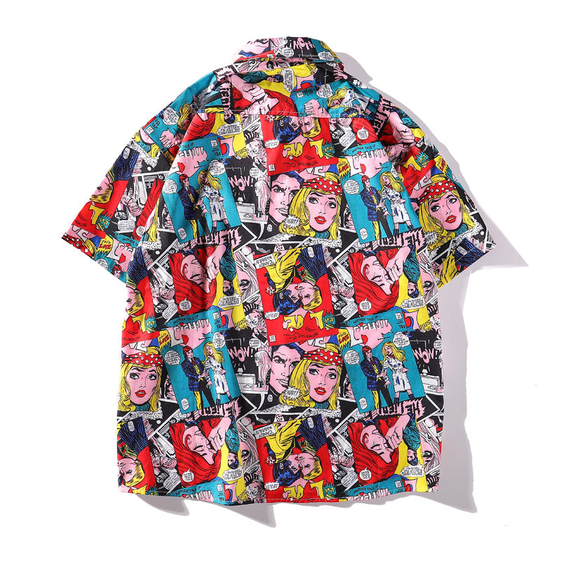 Street Hiphop Full Print Shirt Beach Wind Short Sleeve Top
