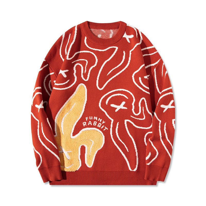 Cartoon Rabbit Embroidered Crewneck Sweater National Fashion Oversized Fit