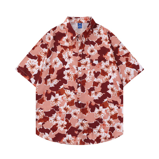 Flower Chiffon Printed Short-Sleeved Shirt For Unisex Lapel Loose Casual Shirt
