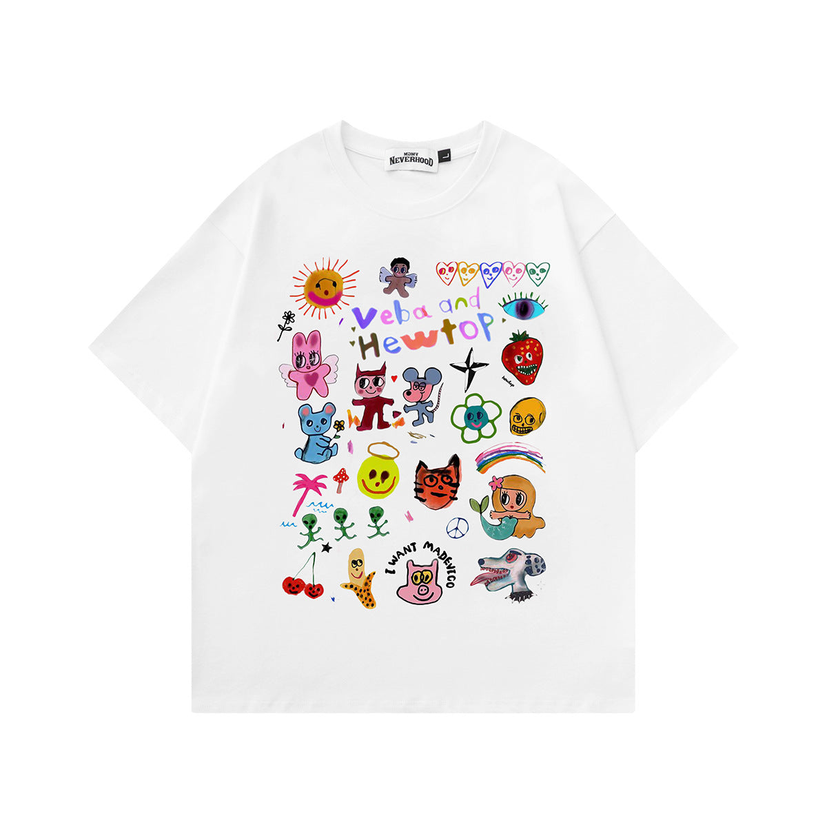 Fun Oil Painting Style Cartoon Printed Short Sleeve T-Shirt Simple Casual Loose Top Summer