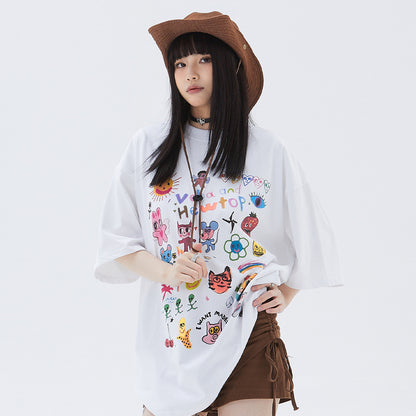 Fun Oil Painting Style Cartoon Printed Short Sleeve T-Shirt Simple Casual Loose Top Summer