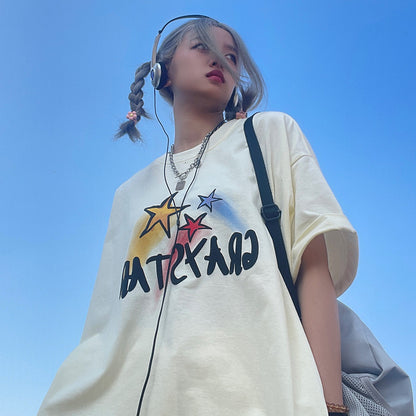 Fashion Men'S Trend Stars Hand-Painted Short-Sleeved Summer Crew Neck Oversize Couple Print T-Shirt