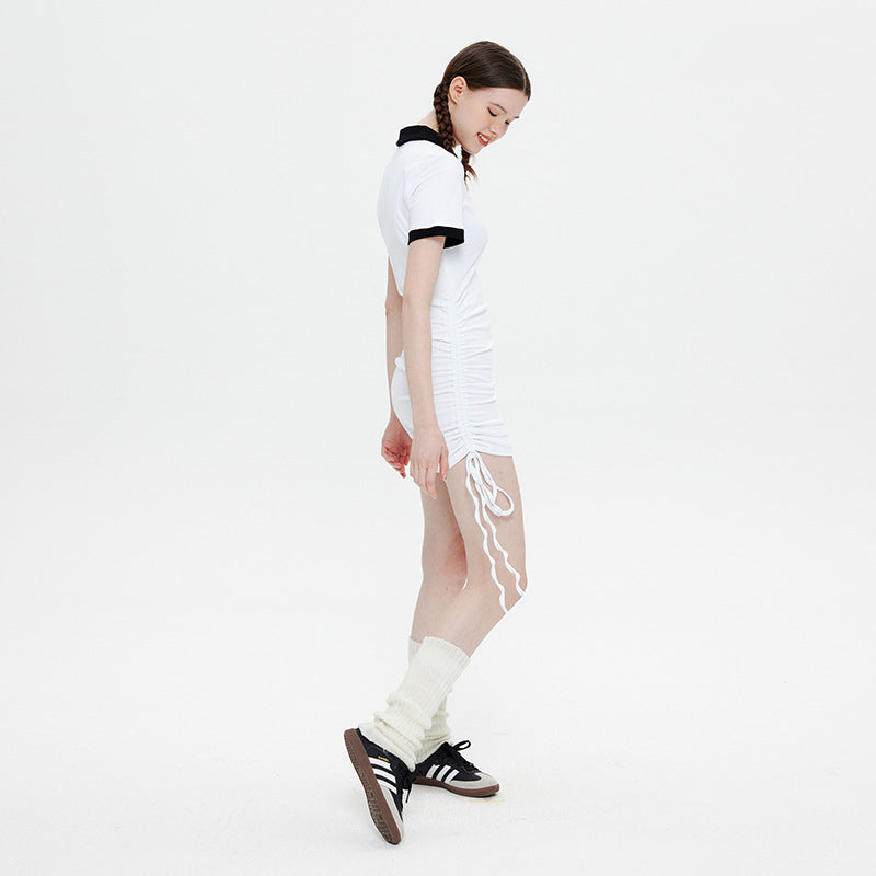 Polo Collar Dress Female Summer Lapel Pure Desire Spice Slim-Fit Wrap Hip Skirt Drawstring Skirt