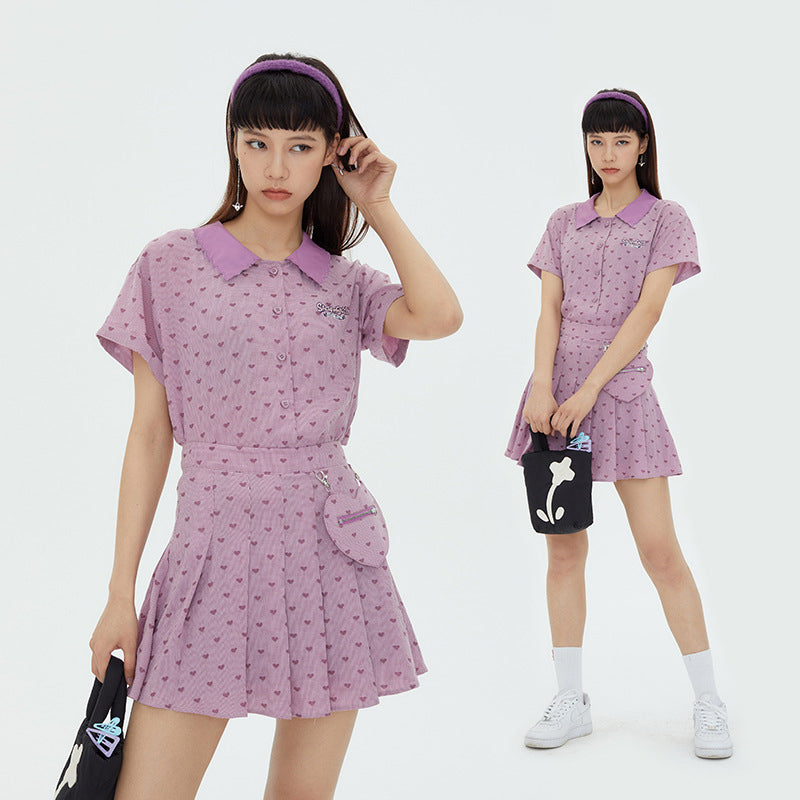 Sweet Pleated Skirt Plaid Skirt Summer Love Skirt Short Sleeve Shirt Summer Women