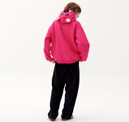 Plum Red Cartoon Bear Pattern Plus Fleece Loose Pullover Hoodie Lovers Autumn And Winter Top Tide