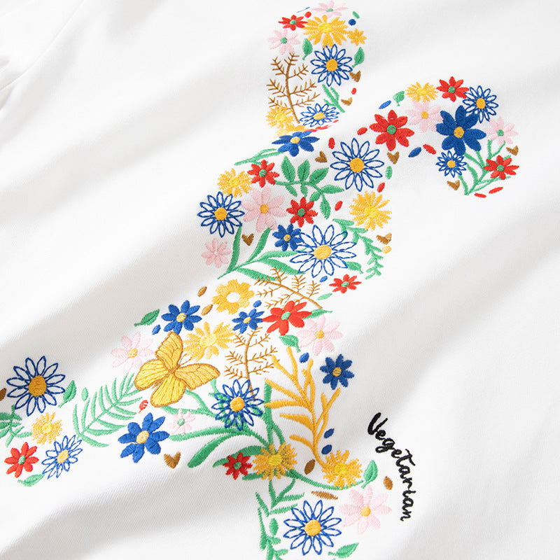 Autumn And Winter Flower Rabbit Embroidery Pure Cotton Round Neck Hoodie