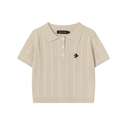 Vintage Spice Twist Knit Short Sleeve T-Shirt Summer Polo Neck Short Bodice Woman