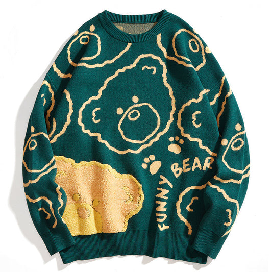 Jacquard Knit Bear Sweater Autumn And Winter New Oversized Sweater