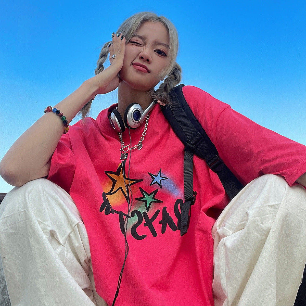 Fashion Men'S Trend Stars Hand-Painted Short-Sleeved Summer Crew Neck Oversize Couple Print T-Shirt