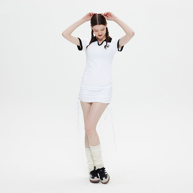 Polo Collar Dress Female Summer Lapel Pure Desire Spice Slim-Fit Wrap Hip Skirt Drawstring Skirt