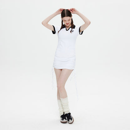 Polo Collar Dress Female Summer Lapel Pure Desire Spice Slim-Fit Wrap Hip Skirt Drawstring Skirt