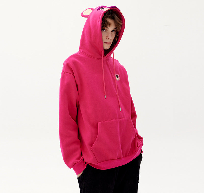 Plum Red Cartoon Bear Pattern Plus Fleece Loose Pullover Hoodie Lovers Autumn And Winter Top Tide