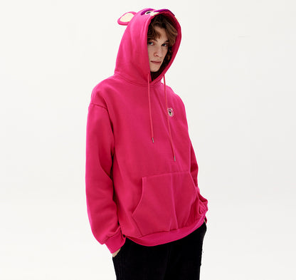 Plum Red Cartoon Bear Pattern Plus Fleece Loose Pullover Hoodie Lovers Autumn And Winter Top Tide