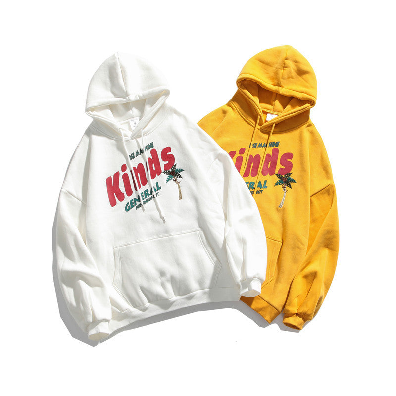 Autumn And Winter Plus Fleece Hooded Couple Hoodie Loose Korean Bf Print Lazy Port Style Casual Coat