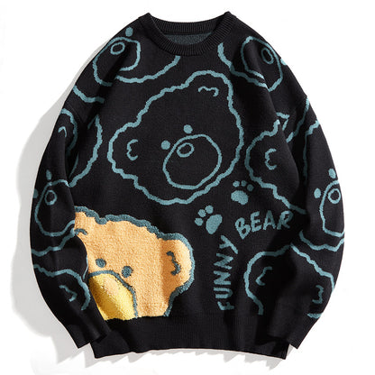 Jacquard Knit Bear Sweater Autumn And Winter New Oversized Sweater