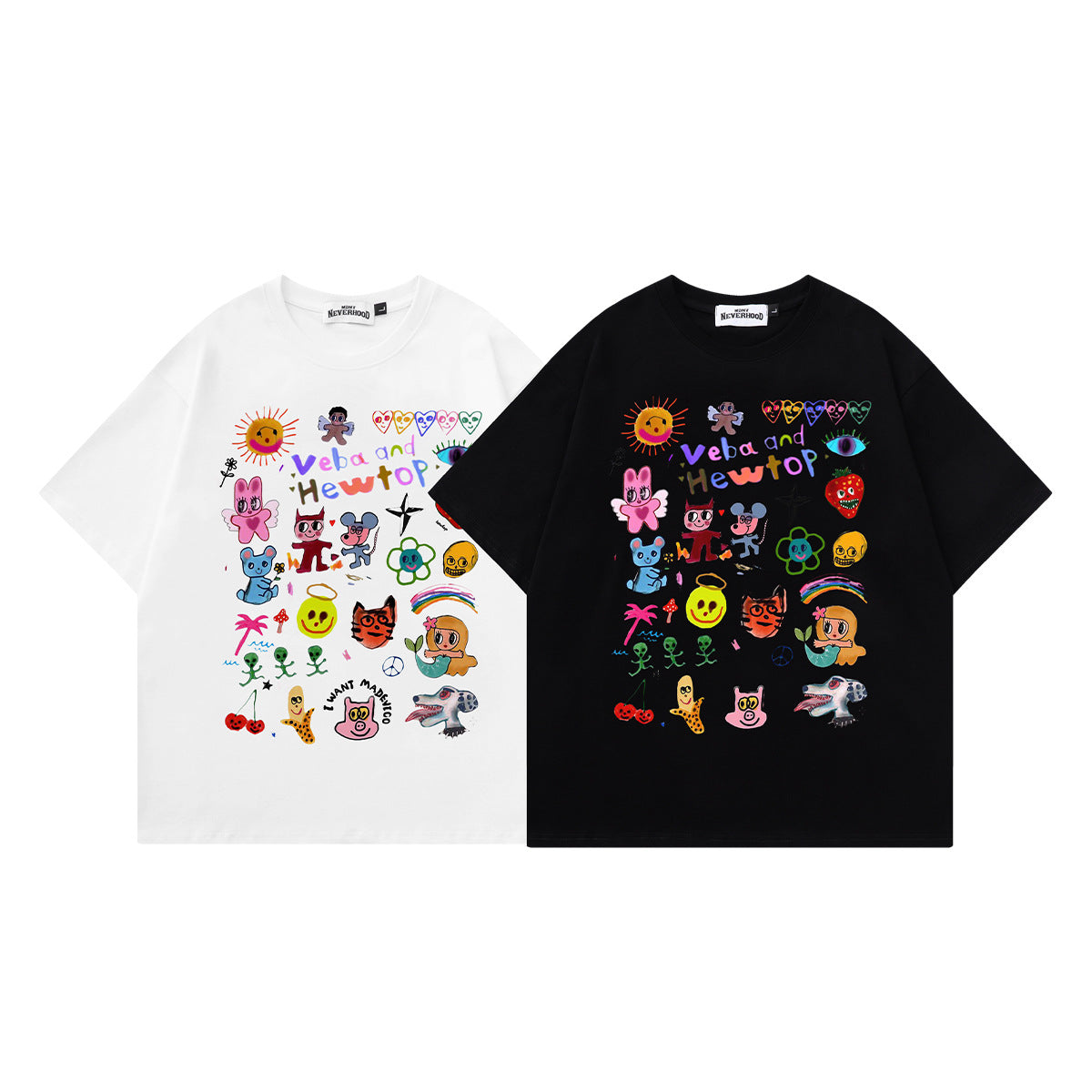 Fun Oil Painting Style Cartoon Printed Short Sleeve T-Shirt Simple Casual Loose Top Summer