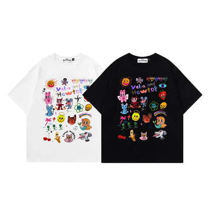 Fun Oil Painting Style Cartoon Printed Short Sleeve T-Shirt Simple Casual Loose Top Summer