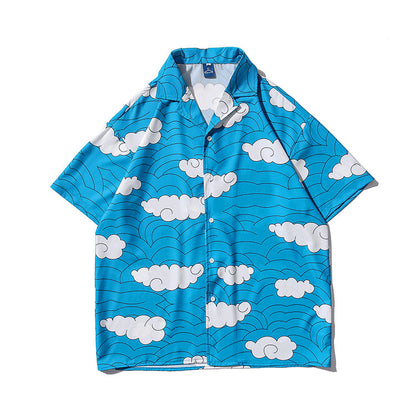 Floral Casual Printed Shirt Short Sleeved Summer Loose Blue Shirt