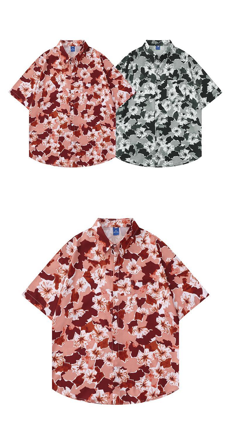 Flower Chiffon Printed Short-Sleeved Shirt For Unisex Lapel Loose Casual Shirt
