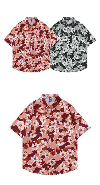 Flower Chiffon Printed Short-Sleeved Shirt For Unisex Lapel Loose Casual Shirt