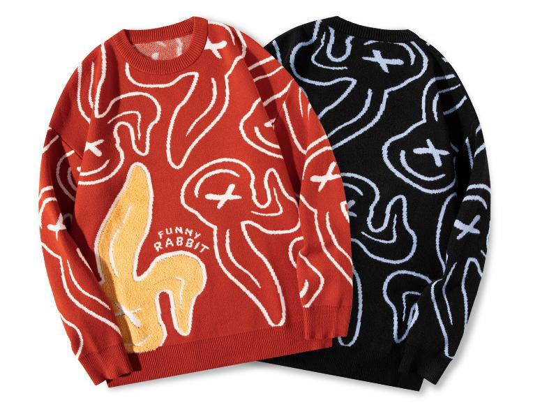 Cartoon Rabbit Embroidered Crewneck Sweater National Fashion Oversized Fit