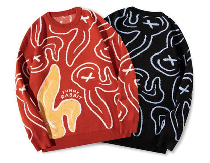 Cartoon Rabbit Embroidered Crewneck Sweater National Fashion Oversized Fit