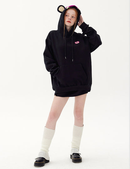 Plum Red Cartoon Bear Pattern Plus Fleece Loose Pullover Hoodie Lovers Autumn And Winter Top Tide