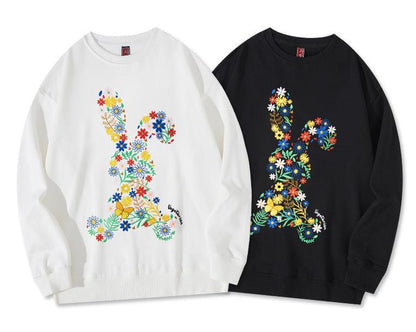 Autumn And Winter Flower Rabbit Embroidery Pure Cotton Round Neck Hoodie