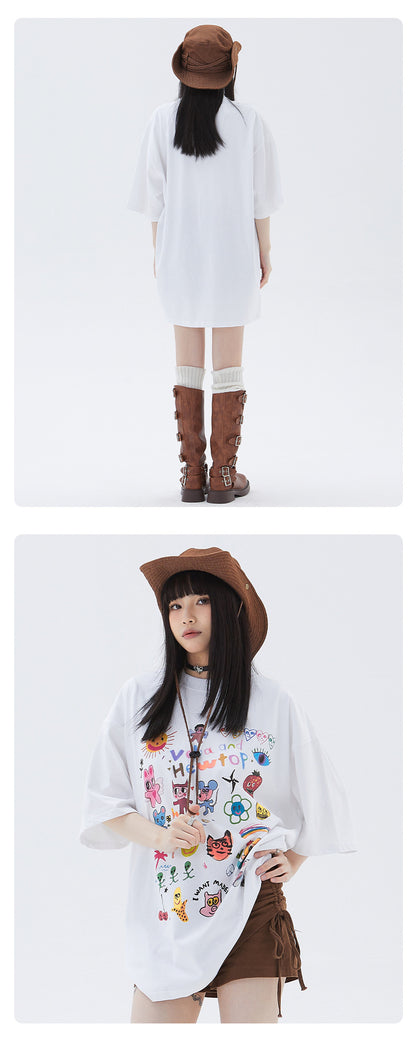 Fun Oil Painting Style Cartoon Printed Short Sleeve T-Shirt Simple Casual Loose Top Summer